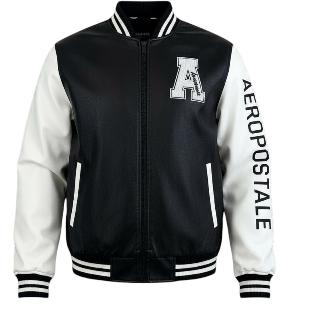 Aeropostale Small Unisex Faux Leather Varsity Bomber Letter Sweater Y2K Spellout